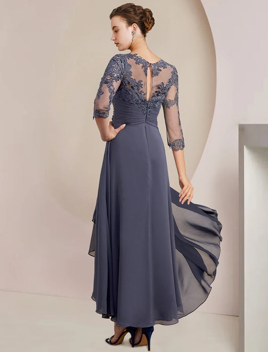 A-Line Mother of the Bride Dress Elegant Plus Size High Low Jewel Neck Asymmetrical Tea Length Chiffon Lace Half Sleeve with Ruched Appliques