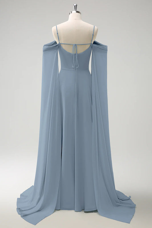 Dusty Blue Cold Shoulder A-Line Long Bridesmaid Dress with Detachable Sleeves