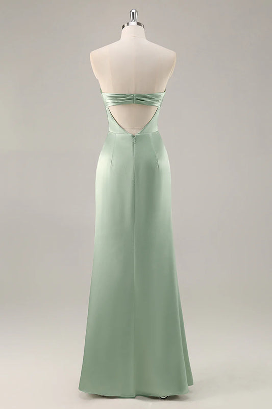Sage Green Satin Strapless Ruched Long Bridesmaid Dress with Slit