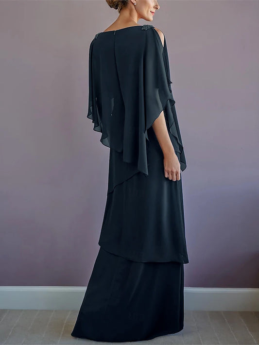 Beach Wedding A-Line Mother of the Bride Dress Formal Wedding Guest Elegant Bateau Neck Floor Length Chiffon Half Sleeve with Ruffles