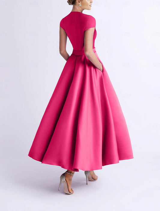 Beach Wedding A-Line Cocktail Dresses Elegant Dress Wedding Guest Kentucky Derby Tea Length Sleeveless V Neck Pocket Satin with Bow(s) Derby Dresses