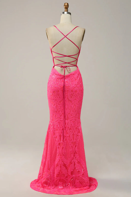Mermaid Backless Hot Pink Sequins Long Prom Dress