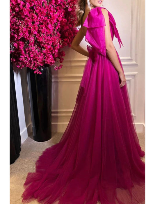 A-Line Prom Dresses Sexy Dress Wedding Party Birthday Court Train Sleeveless One Shoulder Tulle with Bow(s) Slit Masquerade Dress