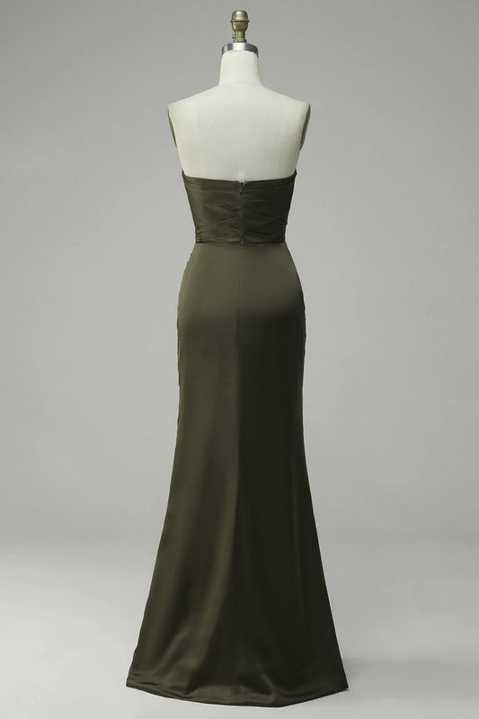 Green Strapless Satin Prom Dress With Slit