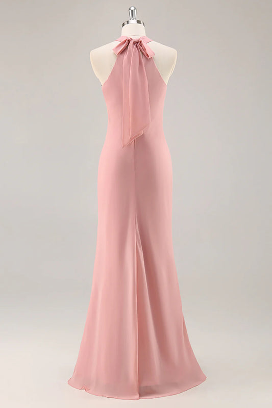 Blush Halter Chiffon Mermaid Long Bridesmaid Dress with Bow