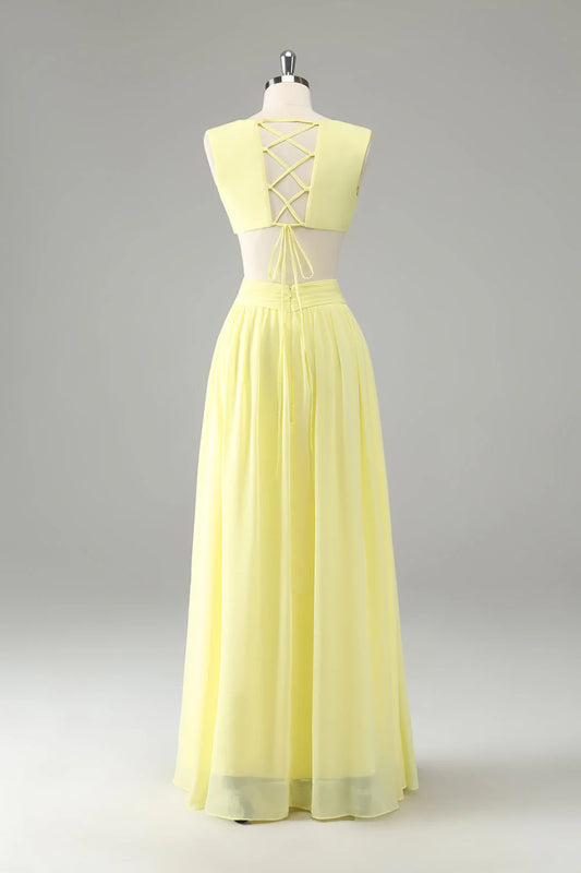 Lemon Yellow A Line Cut Out Long Bridesmaid Dress With Ruffles