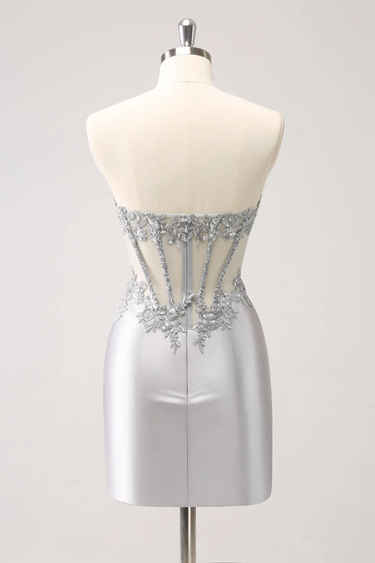 Sparkly Strapless Corset Silver Floral Tight Short Homecoming Dress