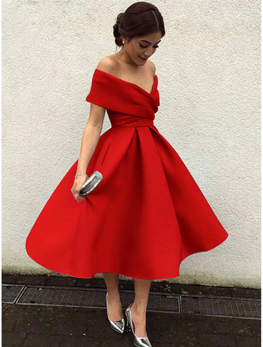 Beach Wedding A-Line Cocktail Dresses Elegant Dress Wedding Guest Homecoming Tea Length Short Sleeve V Neck Stretch Fabric V Back with Pleats Derby Dresses