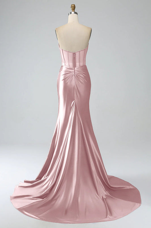 Blush Pink Mermaid Strapless Pleated Corset Long Prom Dress With Slit