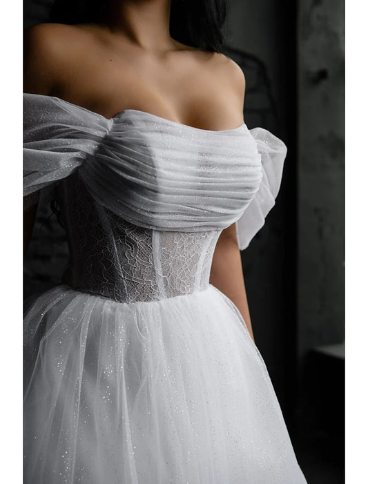 Bridal Shower Little White Dresses Glitter & Sparkle Wedding Dresses Ball Gown Off Shoulder Sleeveless Tea Length Lace Bridal Gowns With Appliques Solid Color