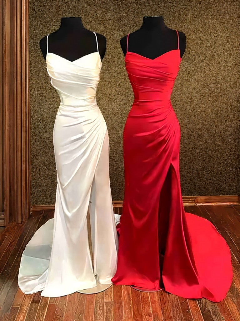 Sheath/Column Silk like Satin Ruched Spaghetti Straps Sleeveless Sweep/Brush Train Dresses