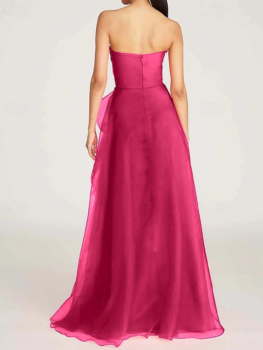 A-Line Evening Gown Celebrity Style Dress Formal Wedding Guest Floor Length Sleeveless One Shoulder Organza with Ruched Ruffles Slit