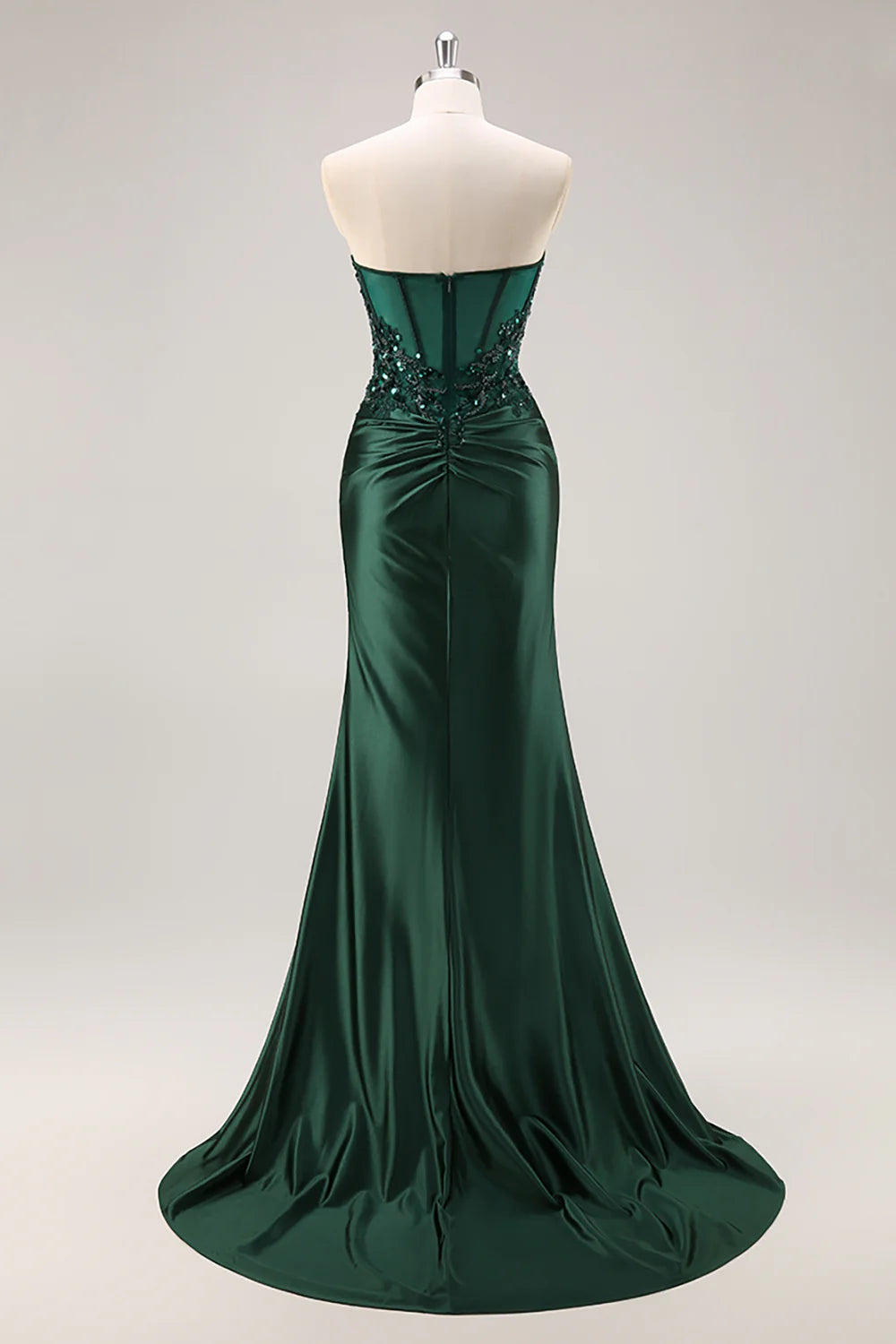 Sparkly Dark Green Corset Satin Mermaid Long Prom Dress with Slit