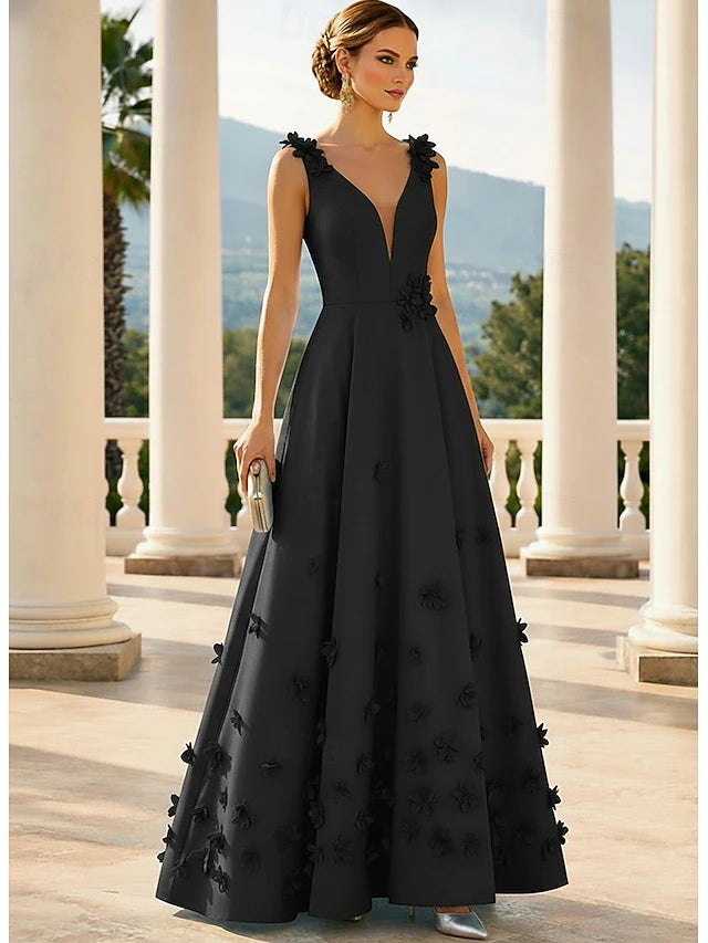 A-Line Floor Length Evening Gown Formal Dress Elegant Pastel Casual / Daytime Wedding Sleeveless V Neck Wedding Formal Satin with 3D Flowers