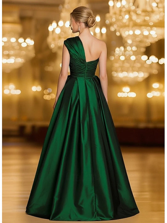A-Line Floor Length Evening Gown Ball Gown Formal Dress Elegant Glittering Silky Sleeveless One Shoulder Wedding Formal Pocket Stretch Satin with Bow(s) Ruched