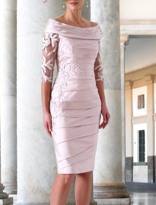 Sheath Mother of the Bride Dress Wedding Guest Elegant Off Shoulder Knee Length Taffeta Half Sleeve with Appliques Ruching Race