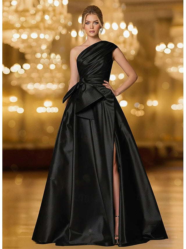 A-Line Floor Length Evening Gown Ball Gown Formal Dress Elegant Glittering Silky Sleeveless One Shoulder Wedding Formal Pocket Stretch Satin with Bow(s) Ruched