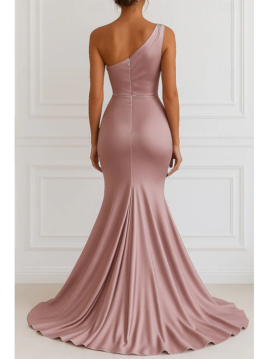 Mermaid Trumpet Floor Length Evening Gown Elegant Sleeveless One Shoulder Wedding Formal Pink Dress Stretch Satin with Pleats