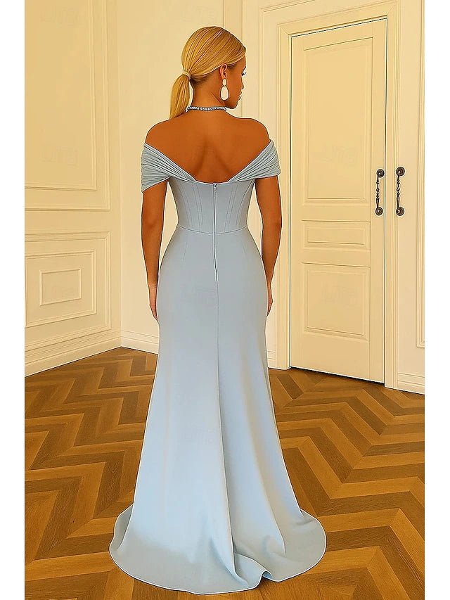 Mermaid / Trumpet Sweep / Brush Train Prom Dresses Elegant Sleeveless Off Shoulder Prom Garden Party Stretch Crepe with Pleats Ruched