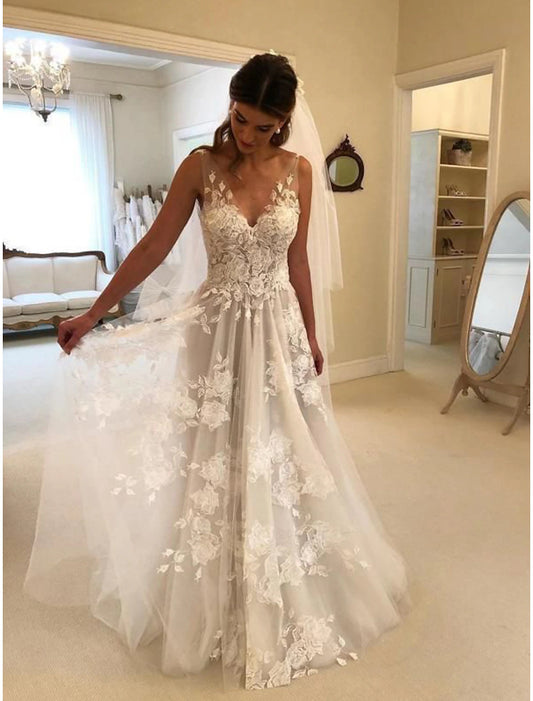Beach Boho Wedding Dresses A-Line V Neck Sleeveless Sweep / Brush Train Lace Bridal Gowns With Appliques