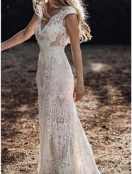 Wedding Dresses Mermaid / Trumpet V Neck Cap Sleeve Court Train Lace Bridal Gowns With Appliques Solid Color