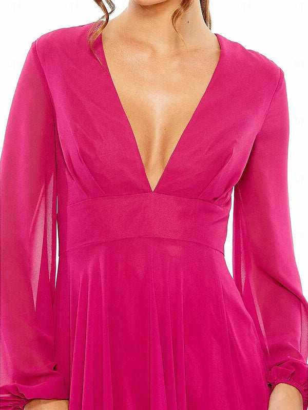 A-Line Floor Length Long Sleeve V Neck Wedding Guest Dresses Chiffon with Pleat