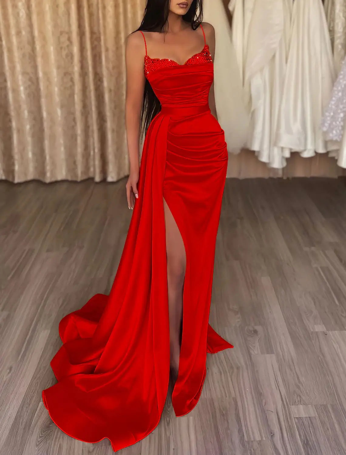 Mermaid Evening Gown Sequin Dress Wedding Guest Prom Sweep / Brush Train Sleeveless Spaghetti Strap Satin with Ruched Slit Masquerade Dress