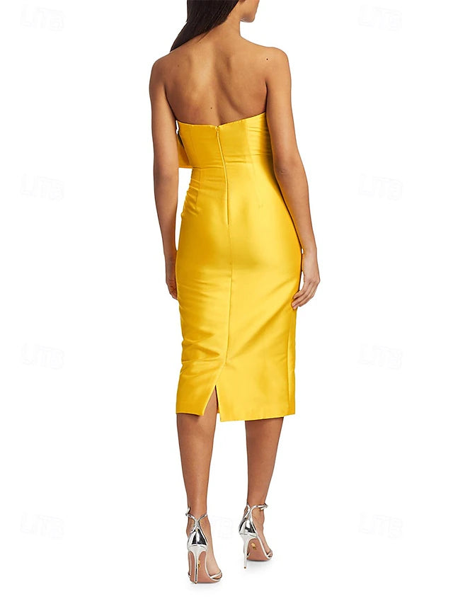 Sheath / Column Cocktail Dresses Wedding Guest Dress Formal Wedding Tea Length Sleeveless V NeckDress Satin with Bow(s)
