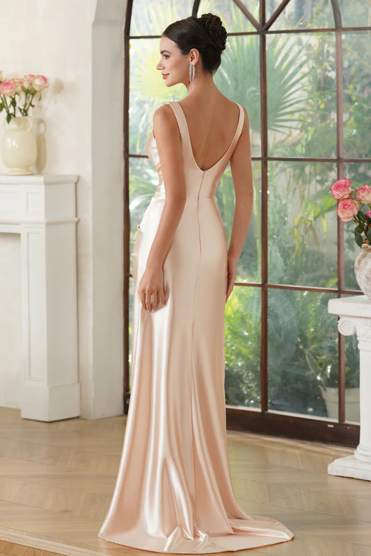 Champagne Satin V-neck Sheath Long Prom Dress with Slit
