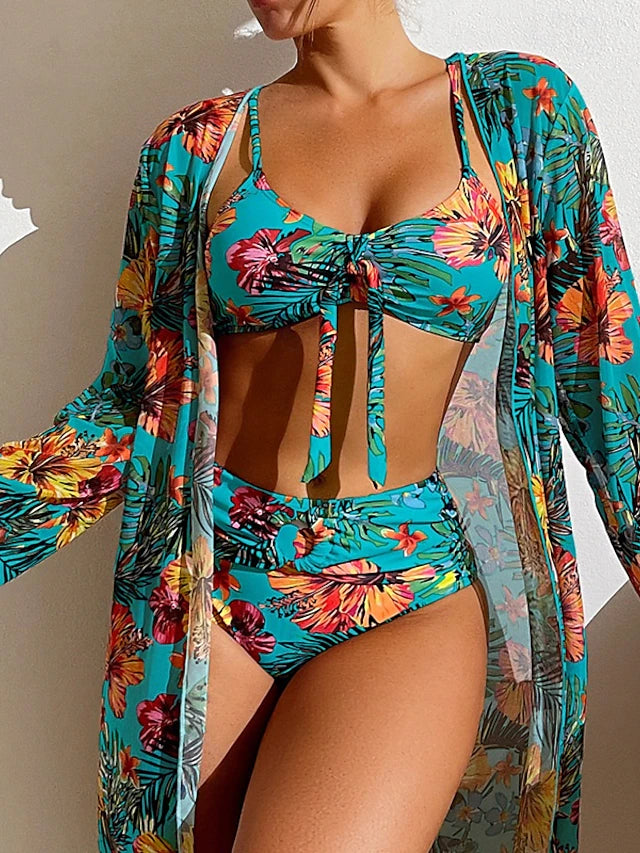 Women's Swimwear Bikini Swimsuit Vacation Floral Long Sleeve Bathing Suits