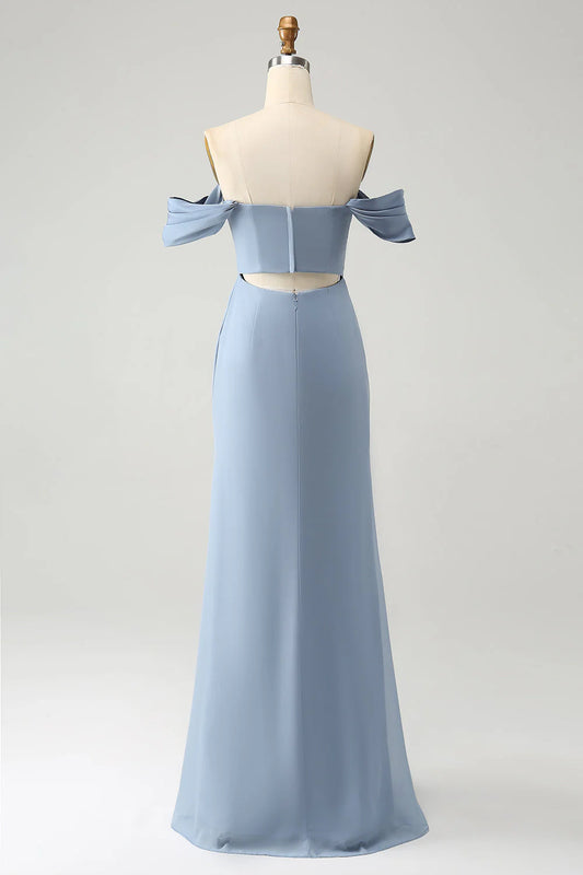 Grey Blue Mermaid Off The Shoulder Chiffon Long Bridesmaid Dress With Slit