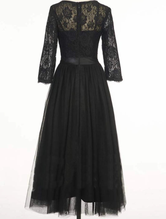 A-Line Cocktail Dresses Elegant Dress Ankle Length 3/4 Length Sleeve Jewel Neck Fall Wedding Guest Tulle with Pleats Lace Insert