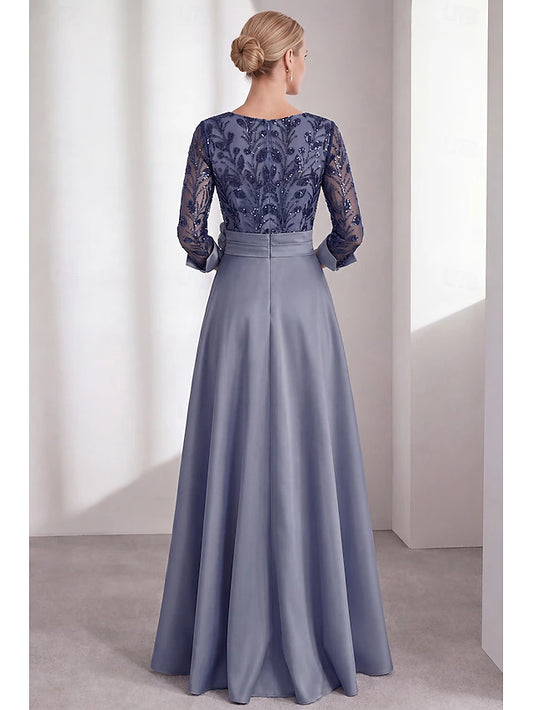 A-Line Floor Length Evening Gown Formal Dress Elegant Casual / Daytime Wedding Long Sleeve V Neck Wedding Formal Satin with 3D Flowers Pleats Slit