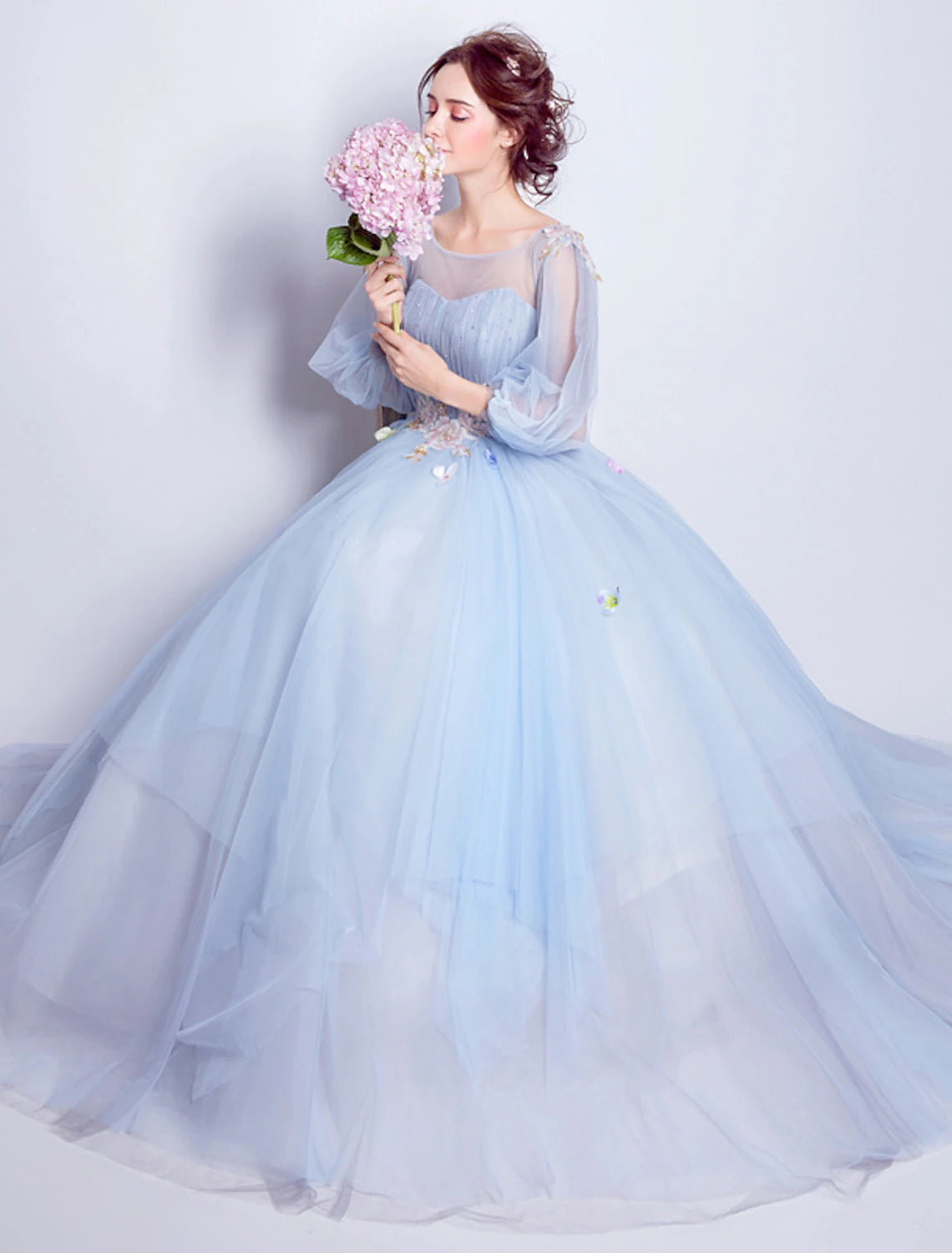 Ball Gown Prom Dresses Elegant Dress Quinceanera Engagement Floor Length 3/4 Length Sleeve Illusion Neck Tulle with Pleats Appliques dress