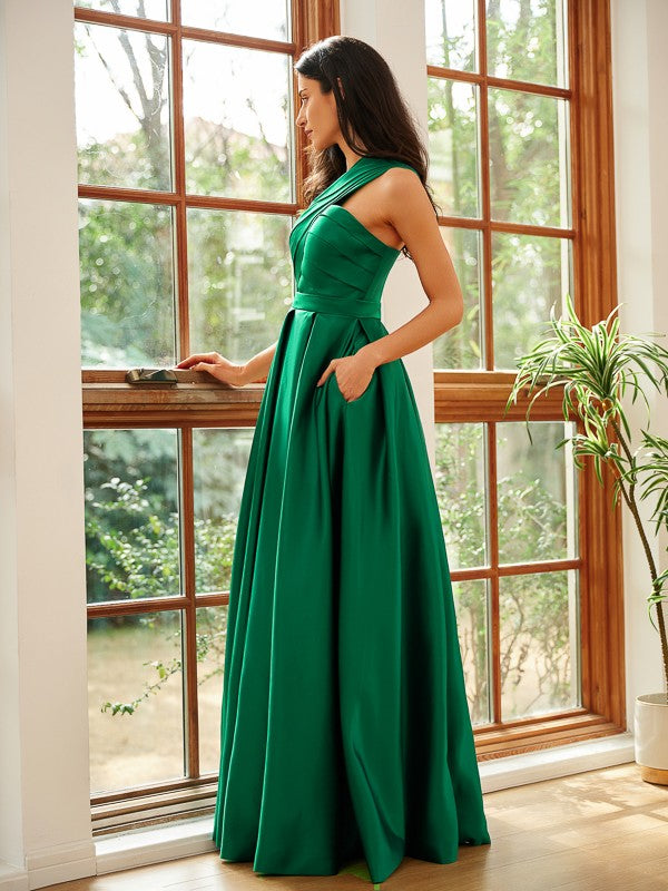 A-Line/Princess Satin Ruched One-Shoulder Sleeveless Floor-Length Dresses