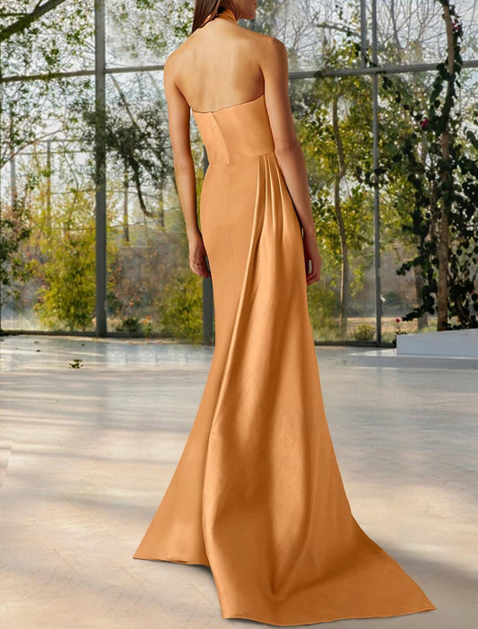 Mermaid Ruched Wedding Guest Dress Sexy Dress Formal Black Tie Court Train Sleeveless Halter Neck Satin with Slit dress