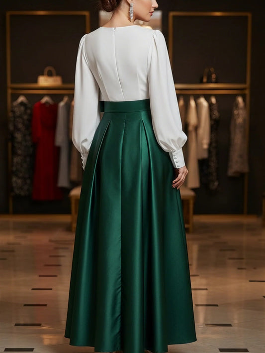A-Line/Princess V-Neck Satin Mother of the Bride Dresses Long Sleeves Floor-Length with Belt