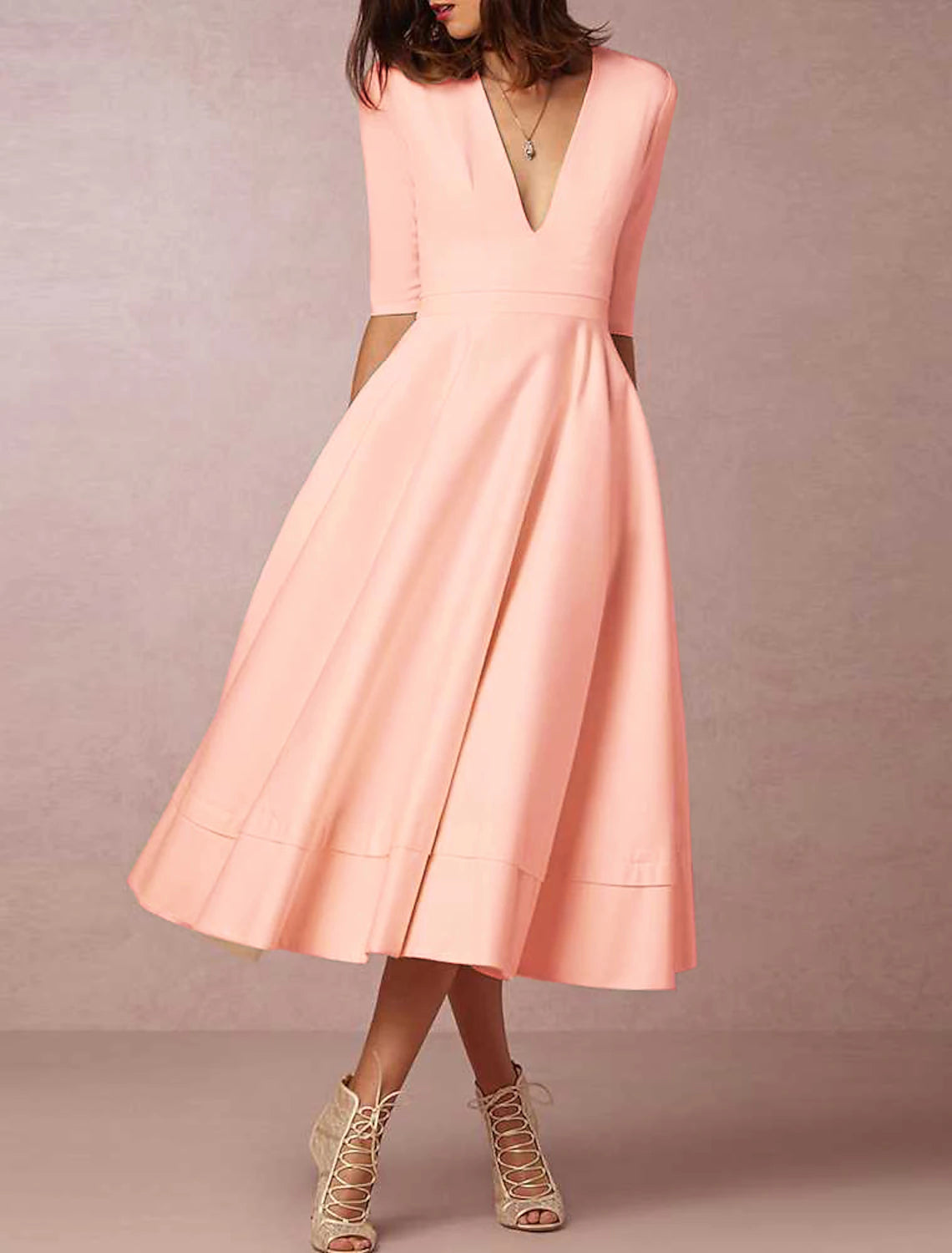 Reception Vintage 1940s / 1950s Little White Dresses Wedding Dresses A-Line V Neck Half Sleeve Tea Length Satin Bridal Gowns With Pleats