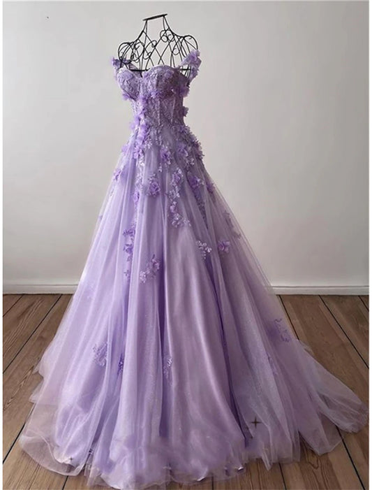 A-Line Prom Dresses Elegant Dress Formal Sweep / Brush Train Sleeveless Sweetheart Tulle with Pleats Sequin Appliques Masquerade Dress