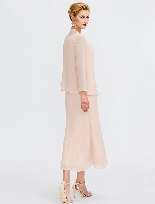 Beach Wedding Two Piece Sheath Mother of the Bride Dress Wedding Guest Elegant Plus Size Jewel Neck Tea Length Chiffon Sleeveless Wrap Included with Sash / Ribbon Pleats Beading