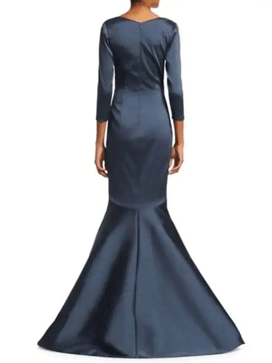 Mermaid Mother of the Bride Dress Elegant Plunging Neck Sweep / Brush Train Satin 3/4 Length Sleeve with Ruching