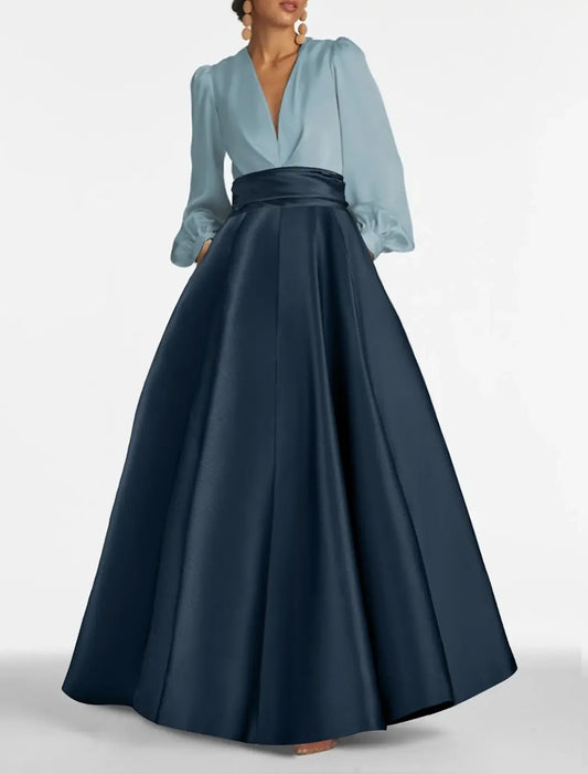 A-Line Evening Gown Elegant Dress Formal Wedding Guest Floor Length Long Sleeve V Neck Satin with Ruched