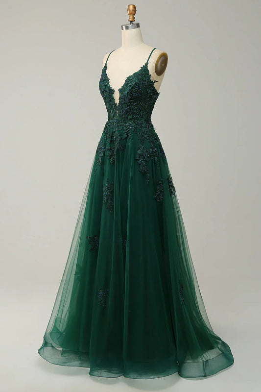 Dark Green Spaghetti Straps Appliques Tulle Prom Dress