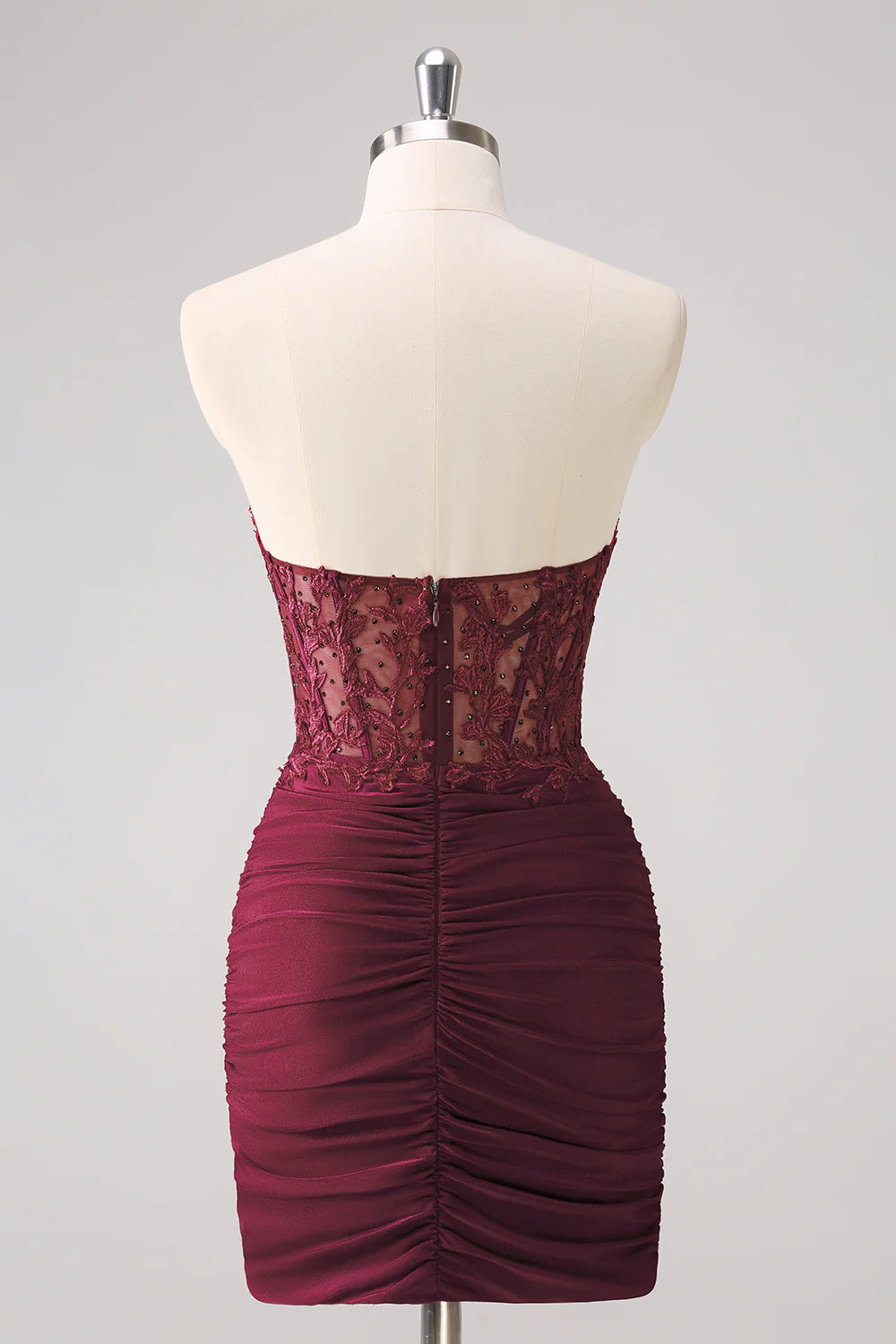 Burgundy Strapless Corset Pleated Tight Homecoming Dress with Appliques