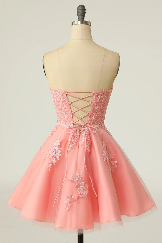 Blush Strapless Short Homecoming Dress with Appliques