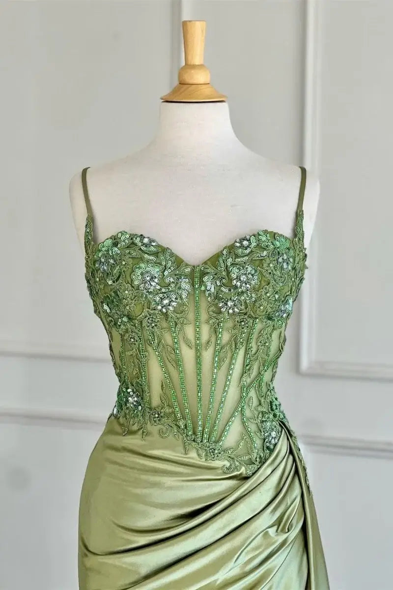 Silver Spaghetti Straps Mermaid Appliqued Prom Dress With Split