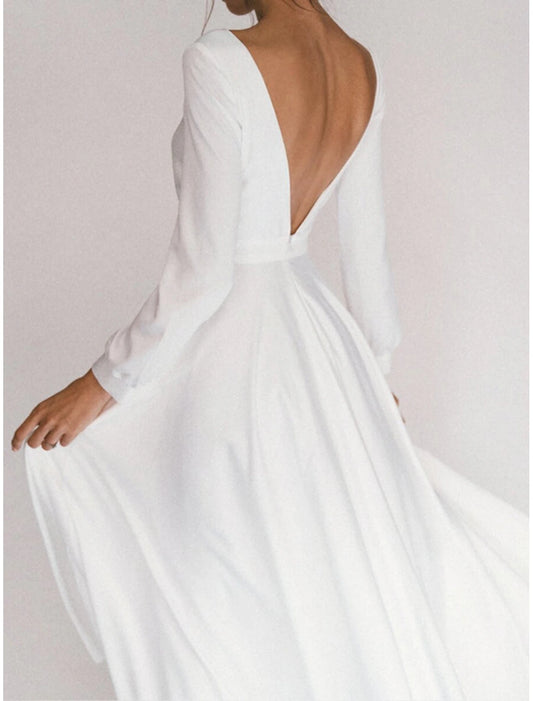 Bridal Shower Little White Dresses Casual Wedding Dresses A-Line Square Neck Long Sleeve Ankle Length Chiffon Bridal Gowns With Pleats