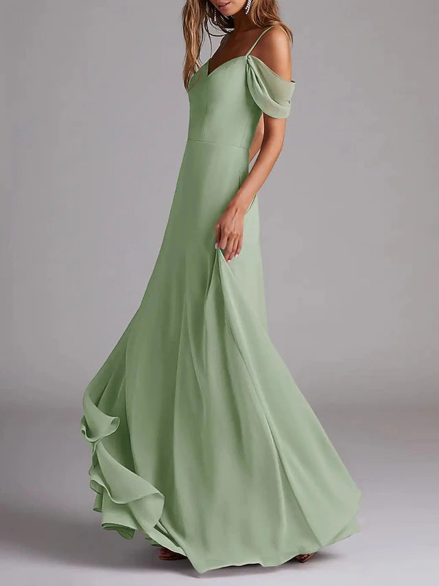 A-Line Bridesmaid Dress Spaghetti Strap Short Sleeve Elegant Floor Length Chiffon with Solid Color