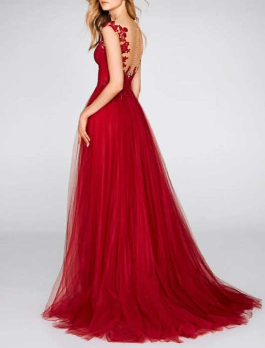 A-Line Evening Gown Sexy Dress Wedding Guest Engagement Court Train Sleeveless V Neck Chiffon with Slit Appliques
