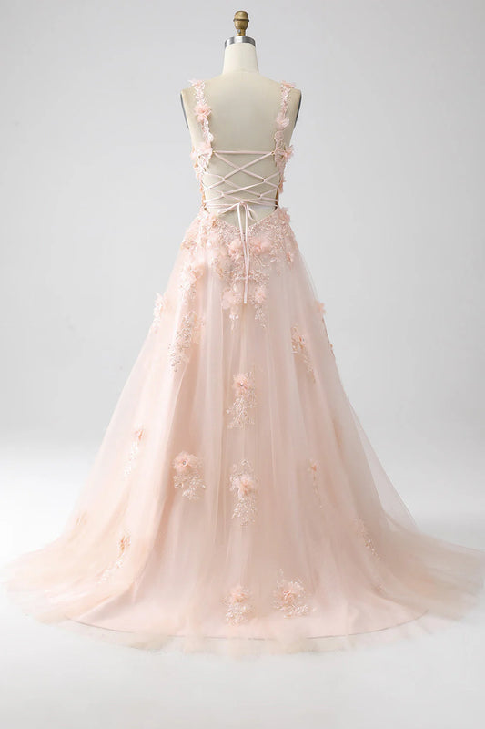 Blush A-Line Spaghetti Straps 3D Floral Long Prom Dress with Slit